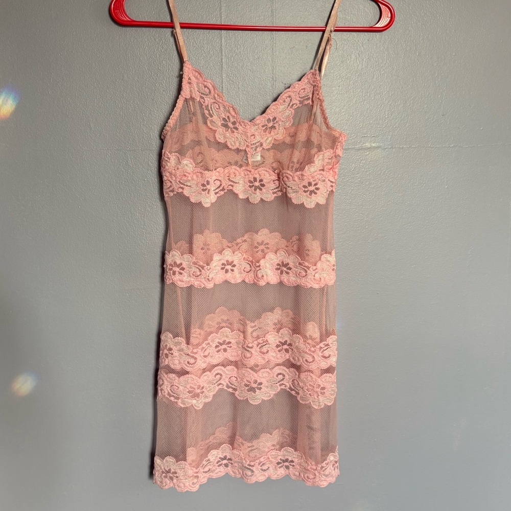 Y2K Rampage Babydoll Slip Dress Size Small Pink Sheer Floral Lace Short Lingerie
